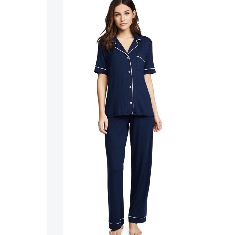 Eberjey Gisele TENCEL Modal Long PJ Set Navy/Ivory Stretch Woven Size L Modal